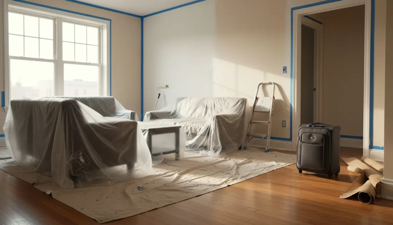 Lejlighed forberedt til maling med dækkede møbler, afdækning og halvmalede vægge.