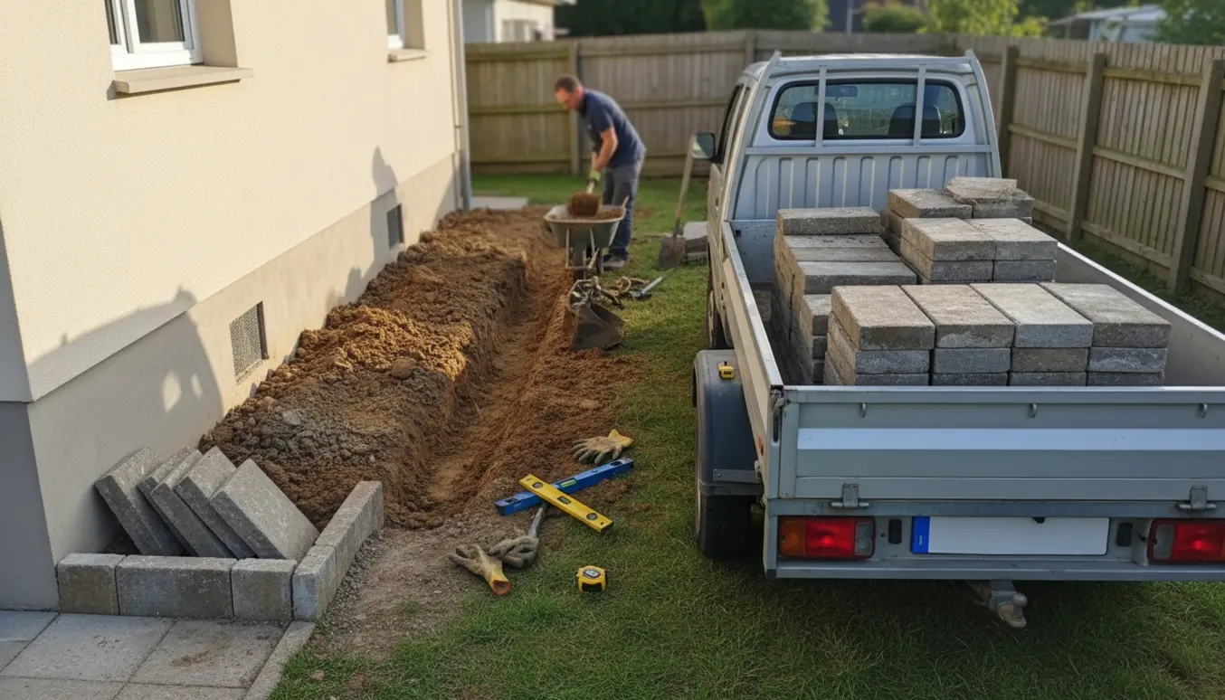 Udgravning i et lille havedhjørne til terrasse med kantsten og jord læsset på trailer.