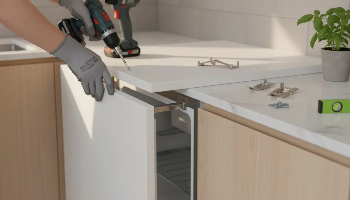 En person monterer en køkkenlåge på en indbygget fryser, kun hænder og værktøj er synlige.