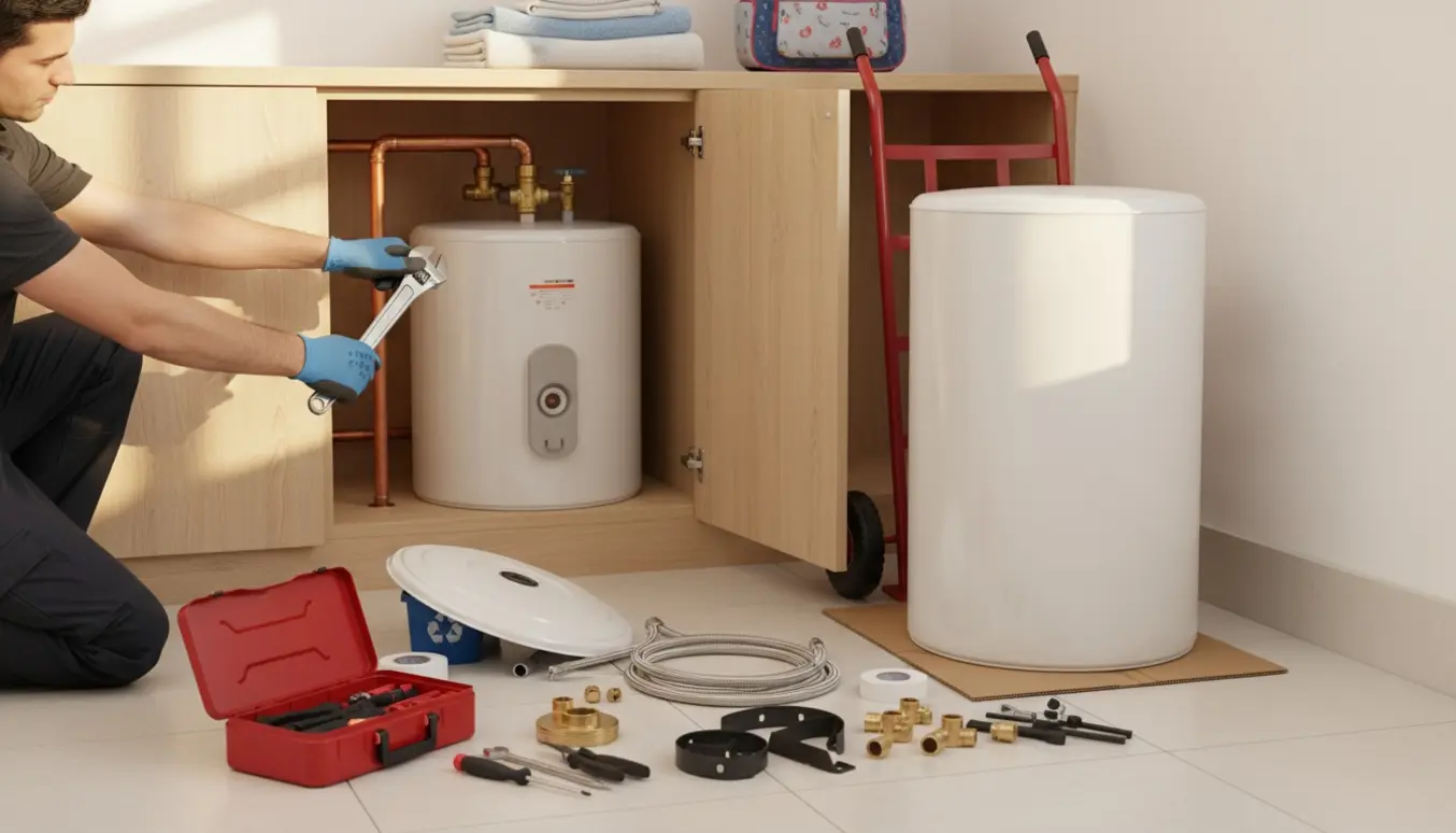 Håndværker uden synligt ansigt fjerner gammel varmtvandsbeholder fra et skab, mens en ny står klar på gulvet.