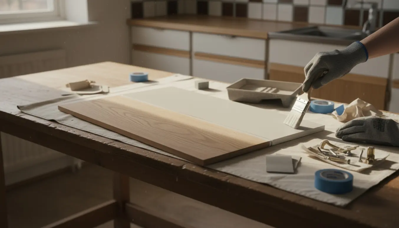 Hænder maler en delvist slebet og delvist nymalet finer køkkenlåge med pensel og rulle i et 1980'er HTH-køkken.