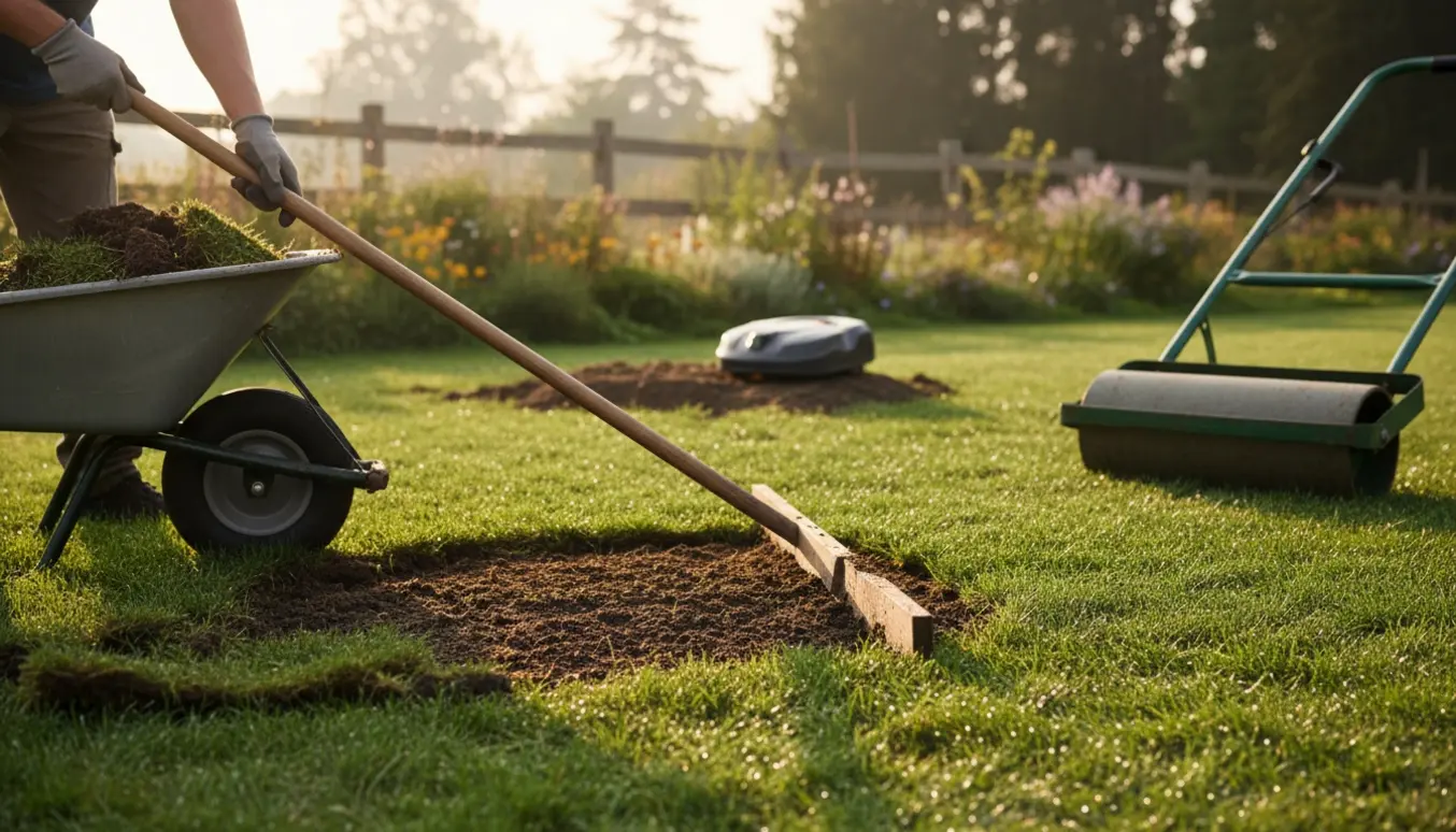 En havearbejder udjævner en ujævn græsplæne med rive og topjord, mens en robotplæneklipper står fast i baggrunden.