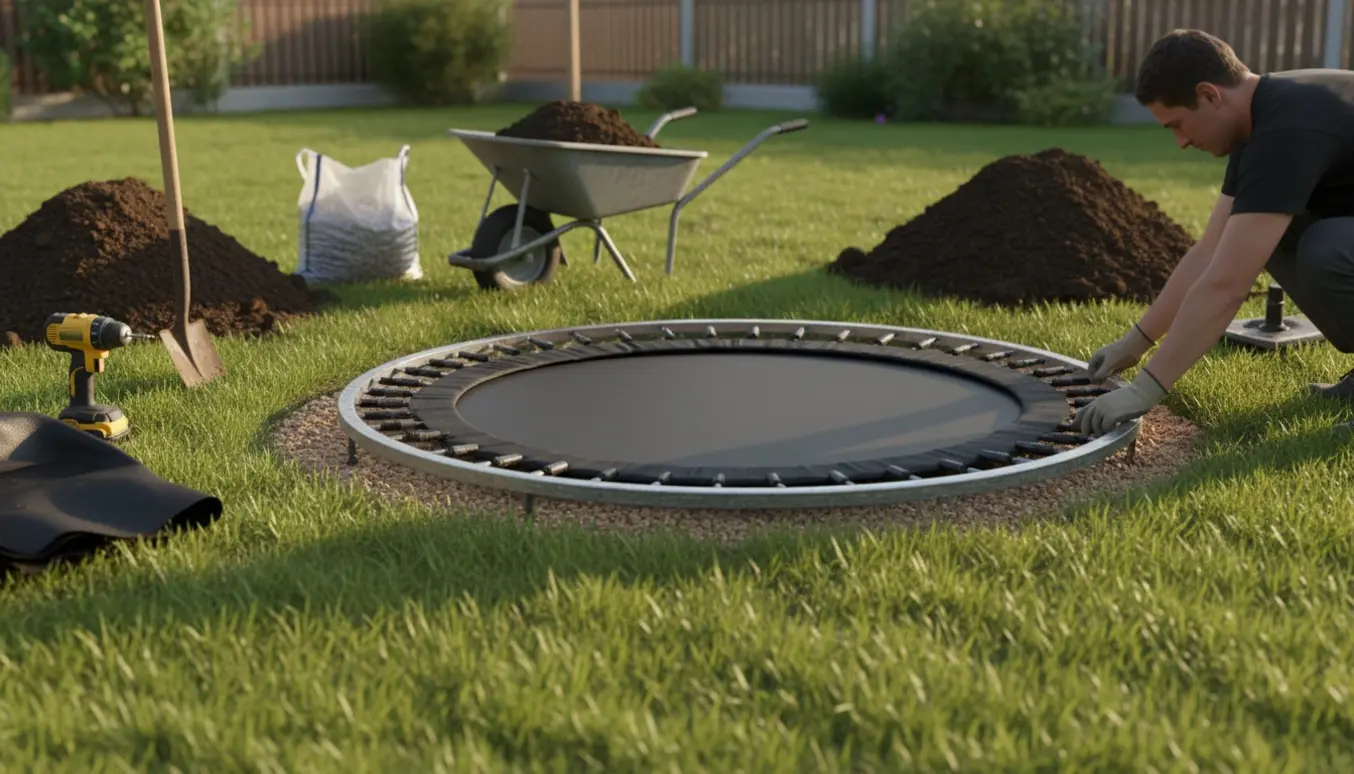 Rund trampolin sænkes ned i et udgravet hul i haven, omgivet af værktøj og jord.