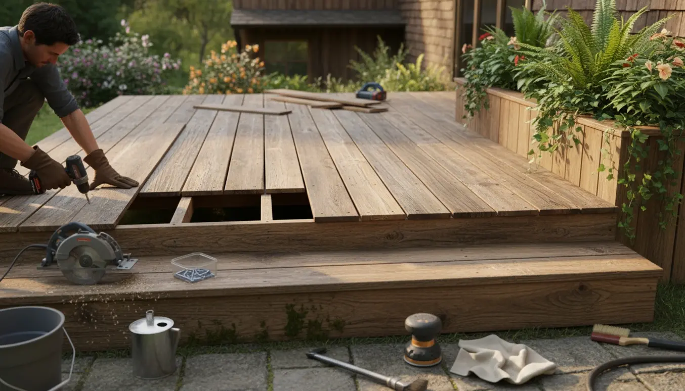 Ældre hævet træterrasse under reparation med udskiftede brædder, værktøj og indbygget plantebed.