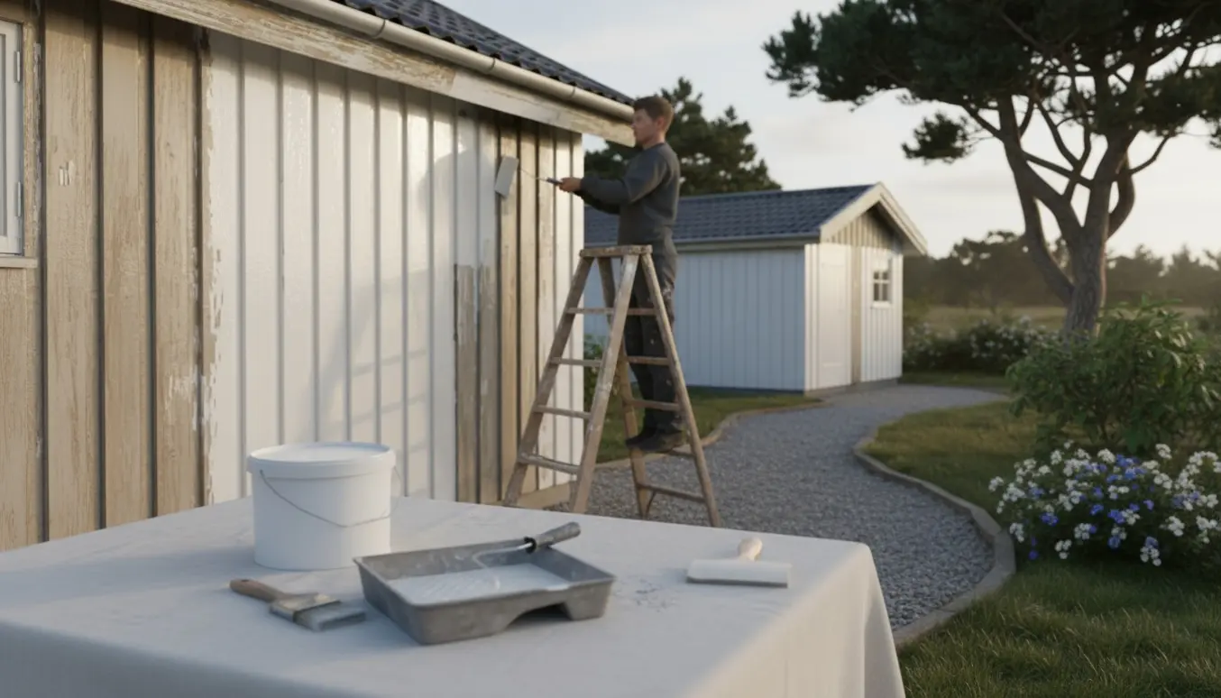 Udendørs foto af et træsommerhus og lille skur under maling med stige, malerbøtter og slibeværktøj.