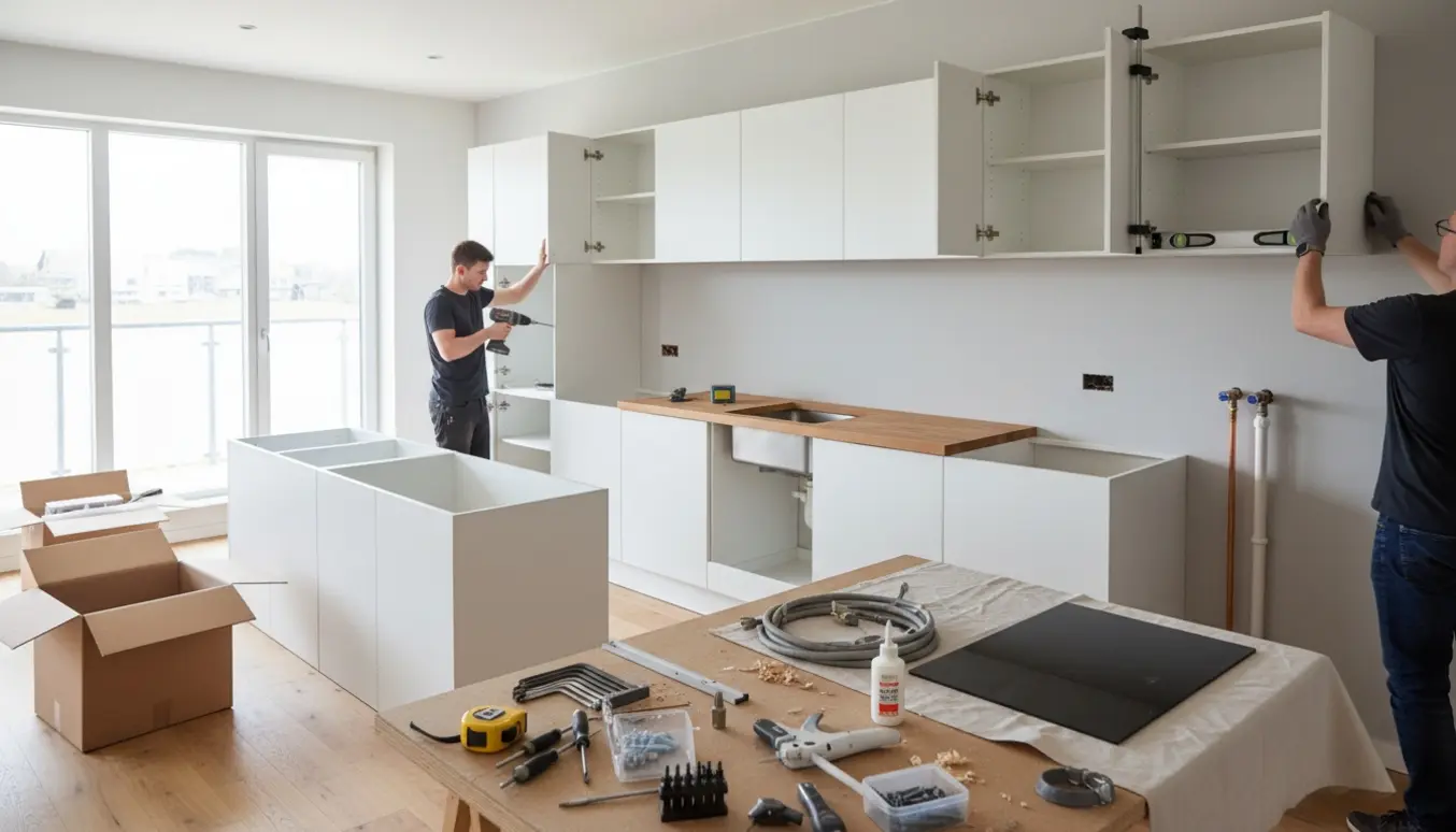Montage af et IKEA-køkken i et lyst rum med værktøj, opbyggede skabselementer og montering af bordplade.