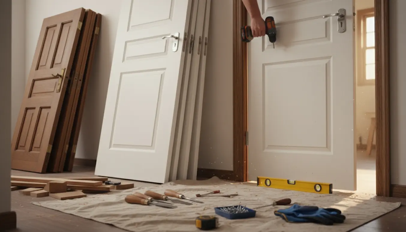 Flere hvide indvendige døre og værktøj i en entré, hvor en ny dør monteres i en eksisterende karm.
