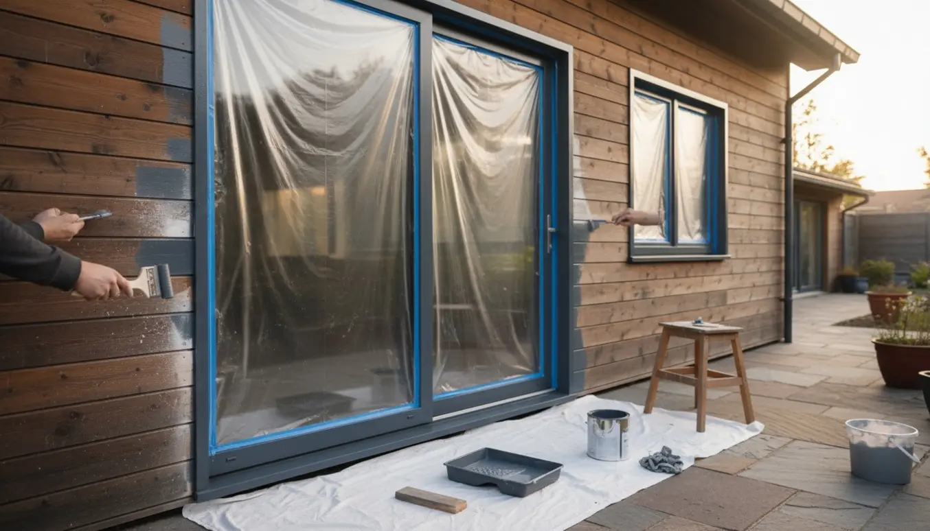 Udvendig maling af terrassedør og vinduesrammer med afdækket glas og værktøj på en stueplans terrasse.