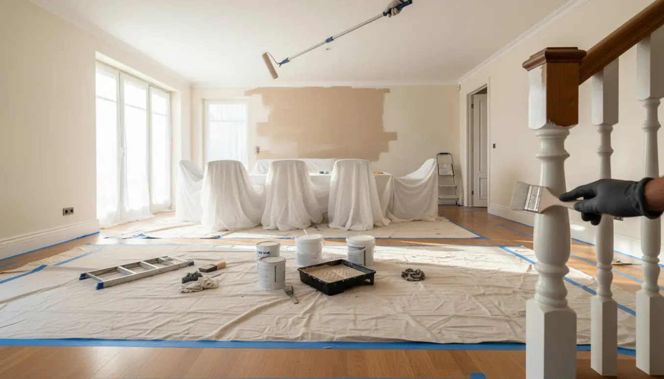 Interiør af et møbleret hus med dækkede møbler, hvor en maler ruller andet lag maling i loftet og maler trappegelænderet.