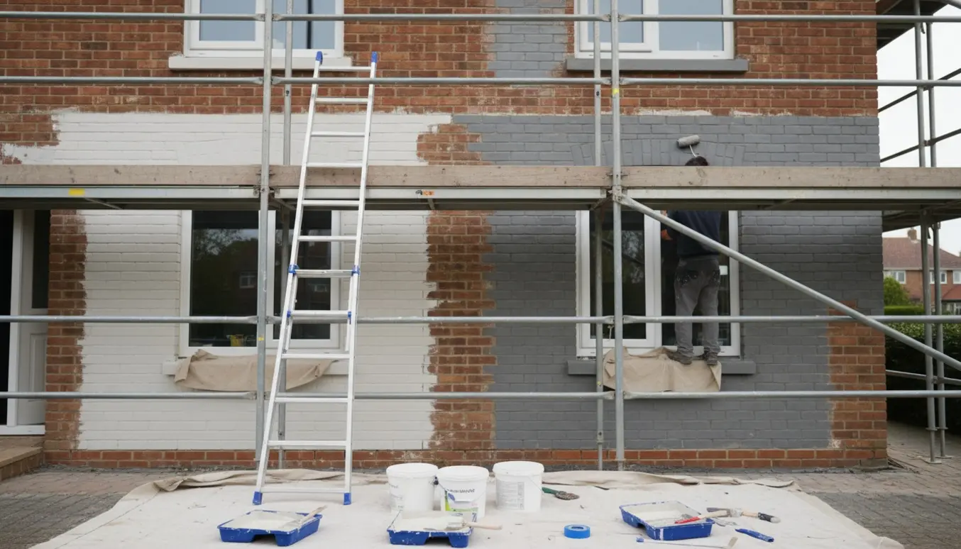 En håndværker set bagfra grunder og maler en murstensfacade med stillads, stige, malerbøtter og pensler.