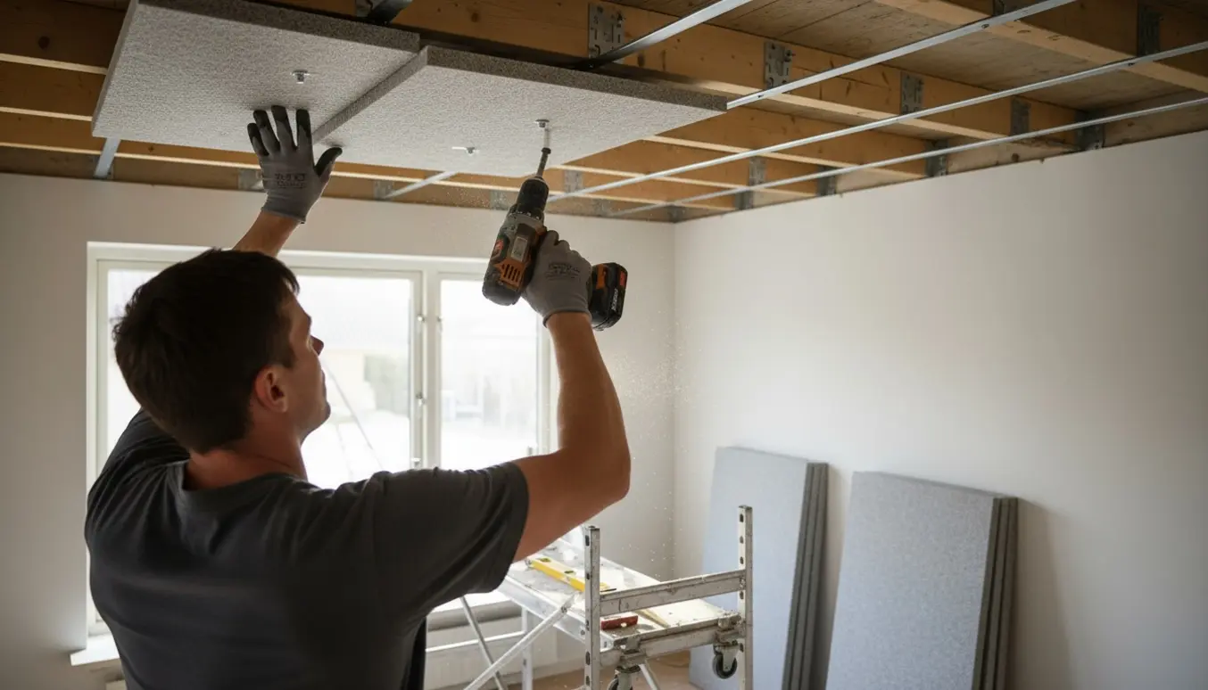 Håndværker monterer træuldspaneler på forskalling for at sænke loftet.