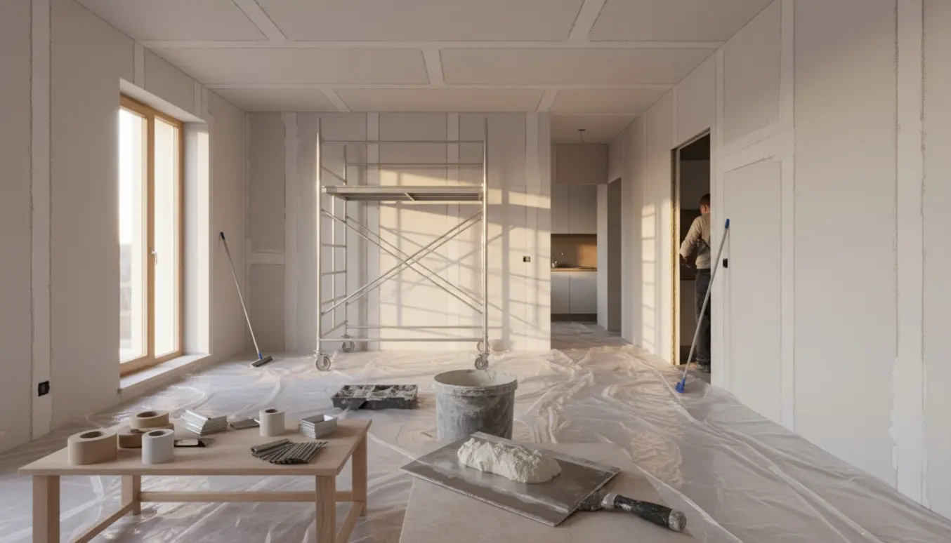Indendørs billede af en lille lejlighed under fuldspartling med fibergipsplader, spartelværktøj og stillads.