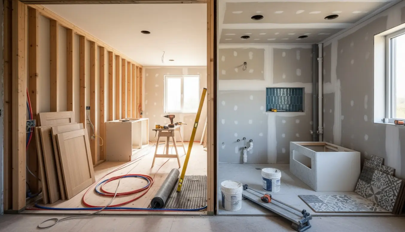 Halvfærdigt køkken og badeværelse under renovering med synlige VVS-, el- og gulvvarmeinstallationer.