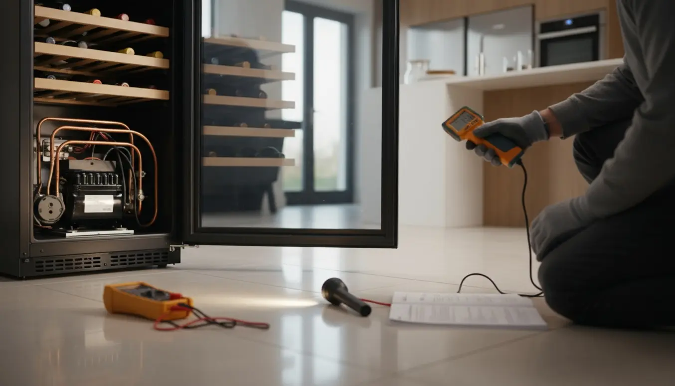 Åbent vinkøleskab med fjernet bagpanel, tekniker tjekker en varm kompressor mens kølerørene ikke er dækket af frost.