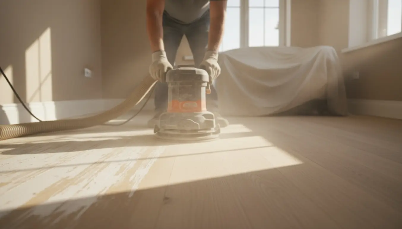 Hånd med gulvsliber fjerner et tyndt lag maling fra et nymalet trægulv i et lyst rum.