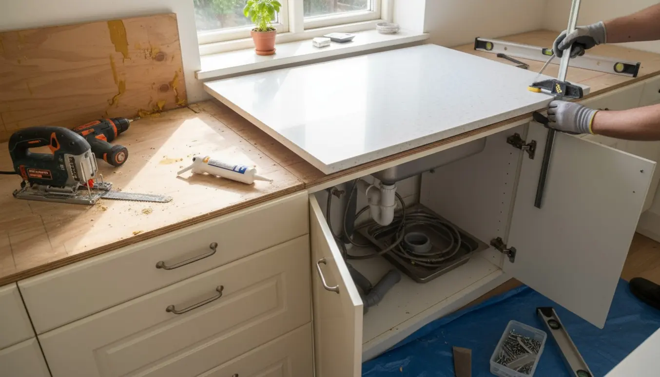 Udskiftning af gammel køkkenbordplade i et velbrugt skandinavisk køkken med hænder, værktøj og en ny bordplade ved åbne skabe.