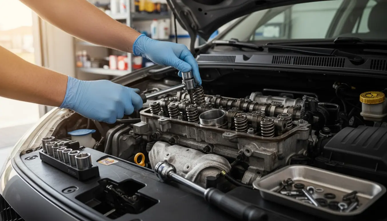 Åben motor med fjernet ventildeksel og mekanikerhænders værktøj ved den midterste cylinder klar til reparation.