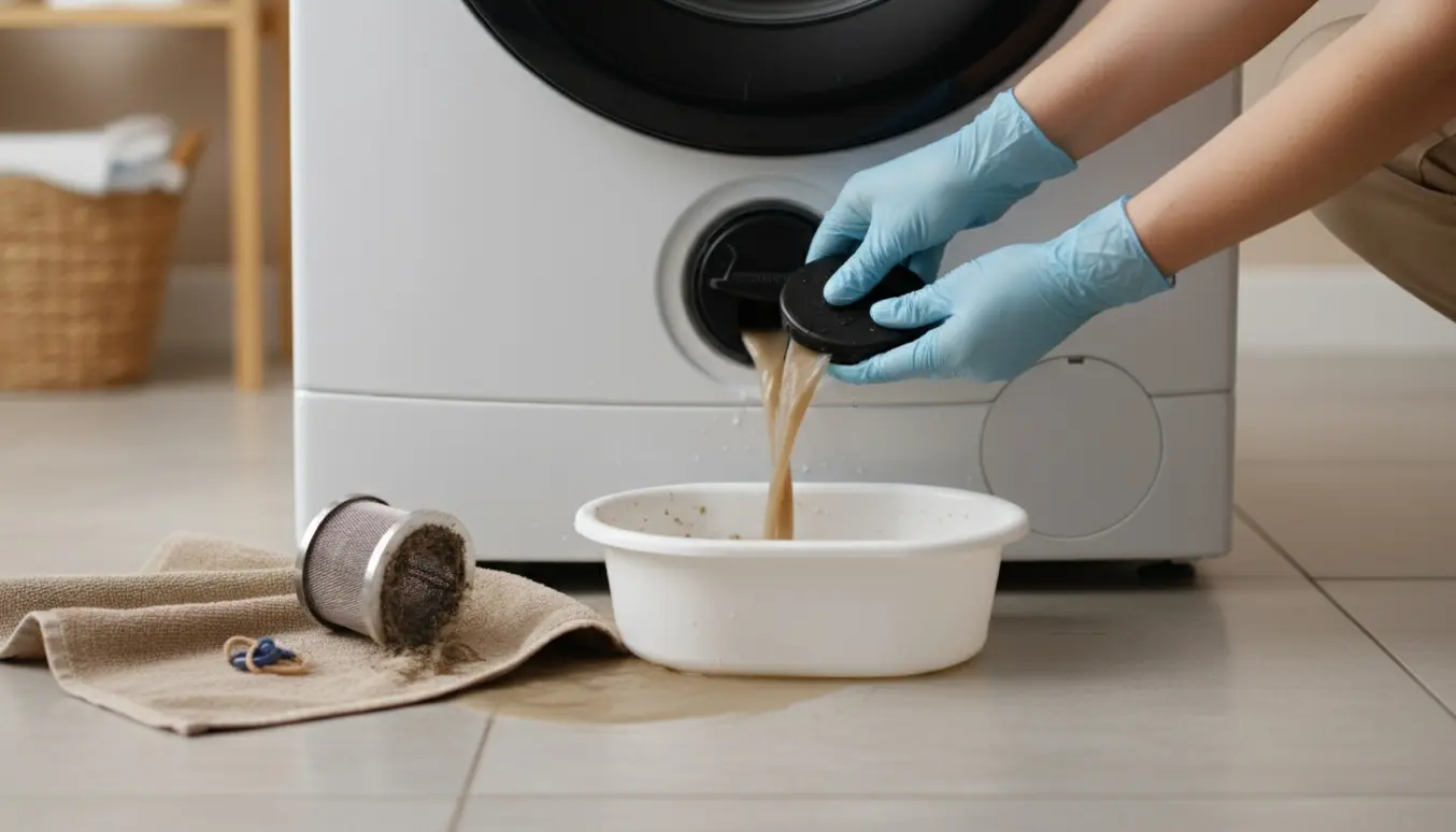 Nærbillede af hænder, der tømmer afløbsfilteret i en frontbetjent vaskemaskine med snavs og vand i en skål.