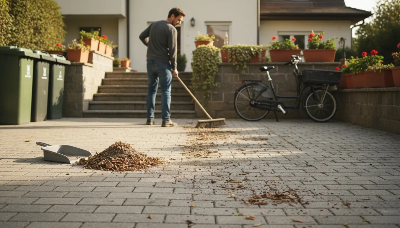 En person fejer en indkørsel med kost, med en ren stribe ved siden af trapper, skraldespande og cykler.