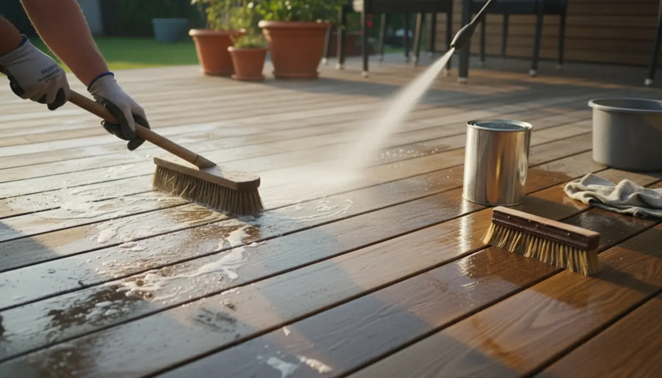 Nærbillede af en træterrasse, hvor handskerede hænder skrubber og påfører træolie med synlig forskel mellem rensede, våde og ubehandlede brædder.