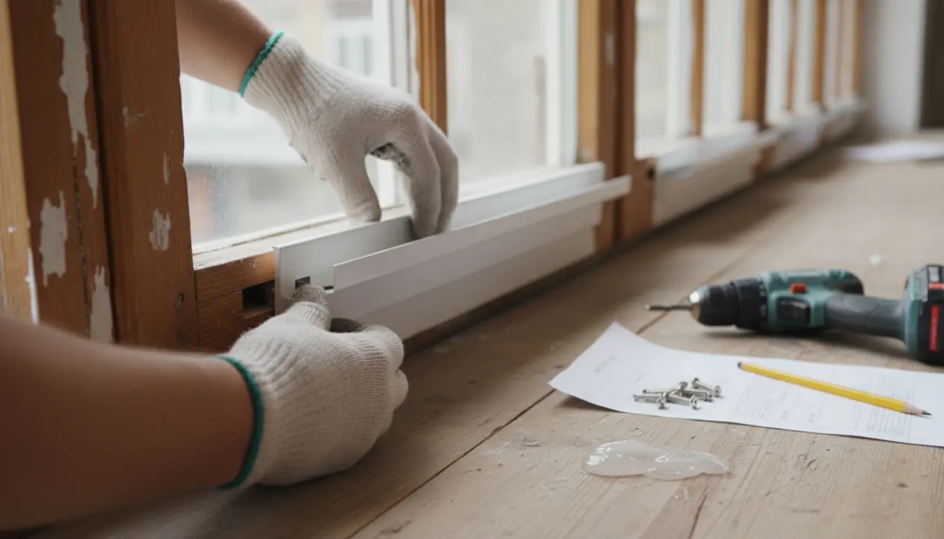 Hænder installerer en udluftningsventil i et trævindue med flere vinduer med ventiler i baggrunden.