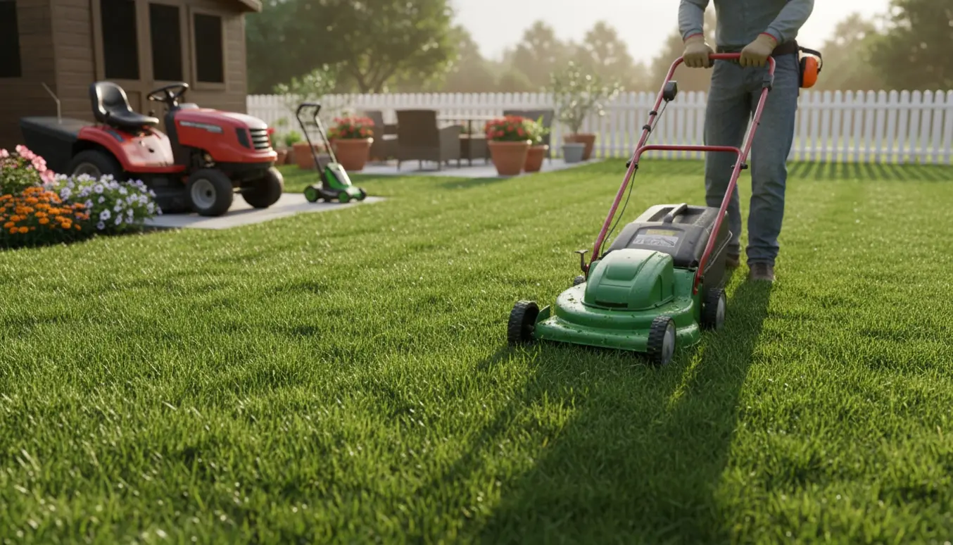 Plæneklipper slår en lille villahave med stribet, nyklippet græs, uden synlige ansigter.