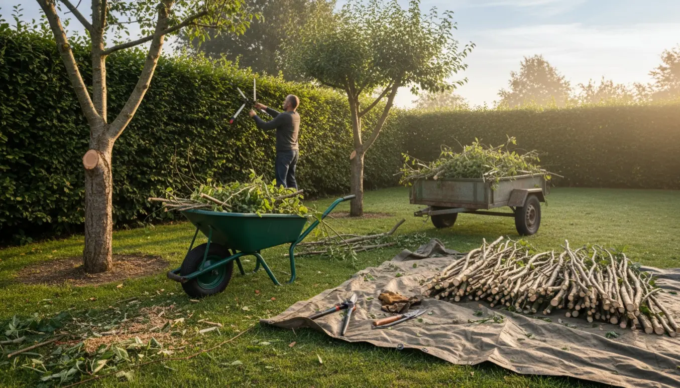 Beskæring af buske langs en hæk og to træer med trillebør og bunker af afskårne grene.