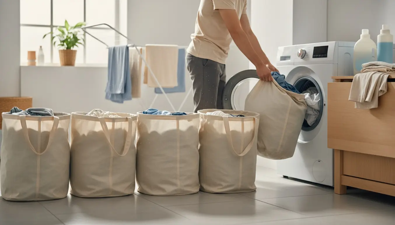 Fire fyldte stofposer med vasketøj ved en åben frontbetjent vaskemaskine, en person lægger tøj i tromlen.