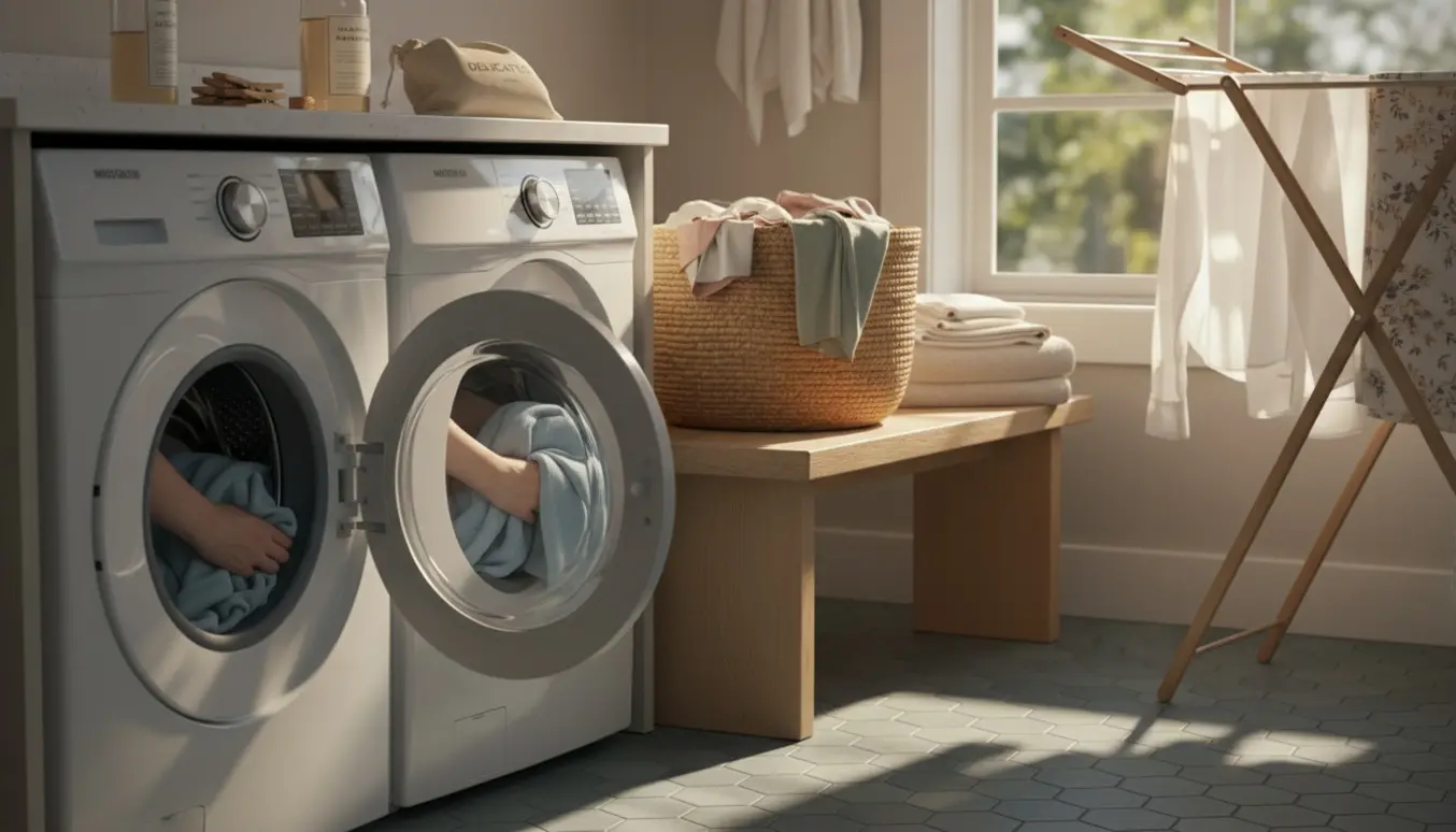 Hænder lægger tøj i en frontbetjent vaskemaskine i et lyst, ryddeligt vaskerum.