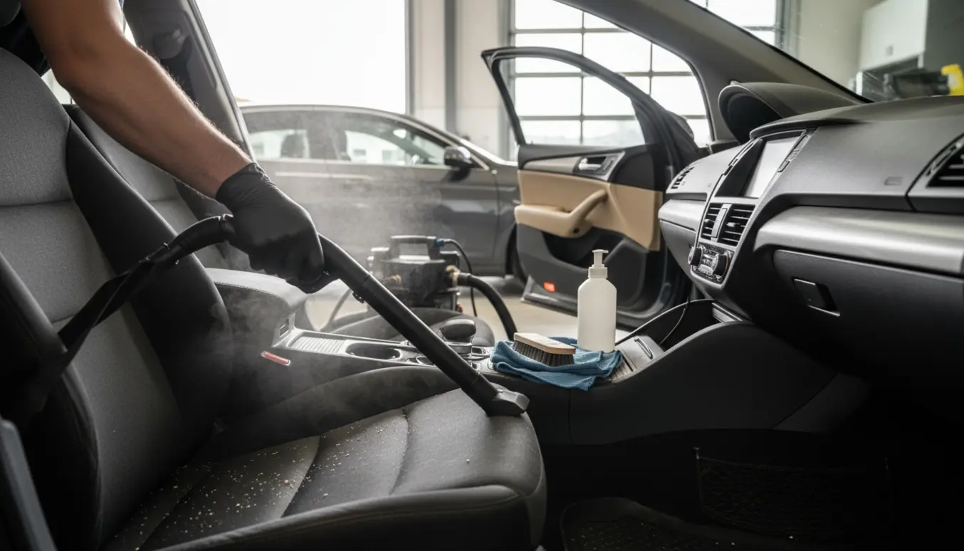 Indvendig bilrengøring med handskenæver, støvsuger og renseudstyr i en lys garage med to biler.