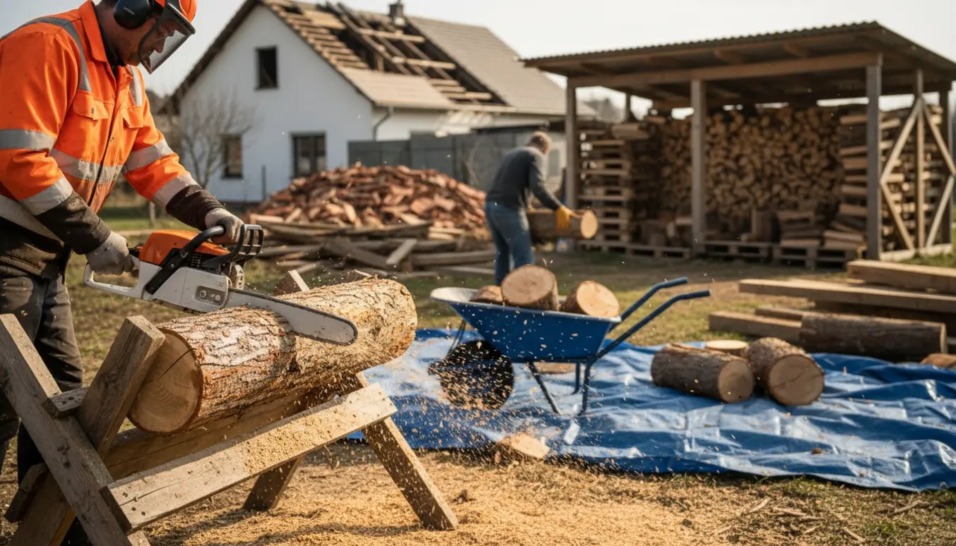 En person saver lange træstammer til brænde på en savbuk med motorsav, klar til at blive flyttet og stablet.