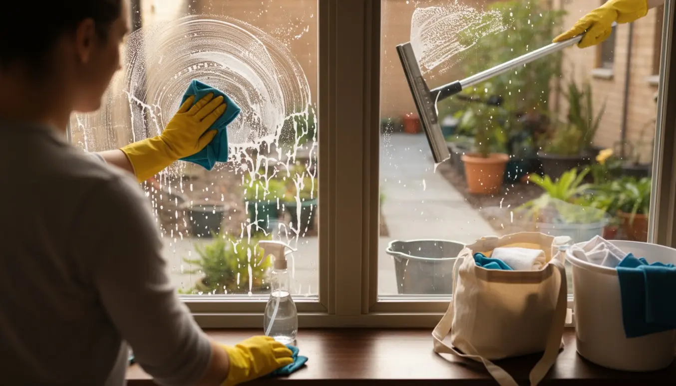 Stuevindue i en stuelejlighed bliver pudset indvendigt og udvendigt med skureskraber, spand og klude.