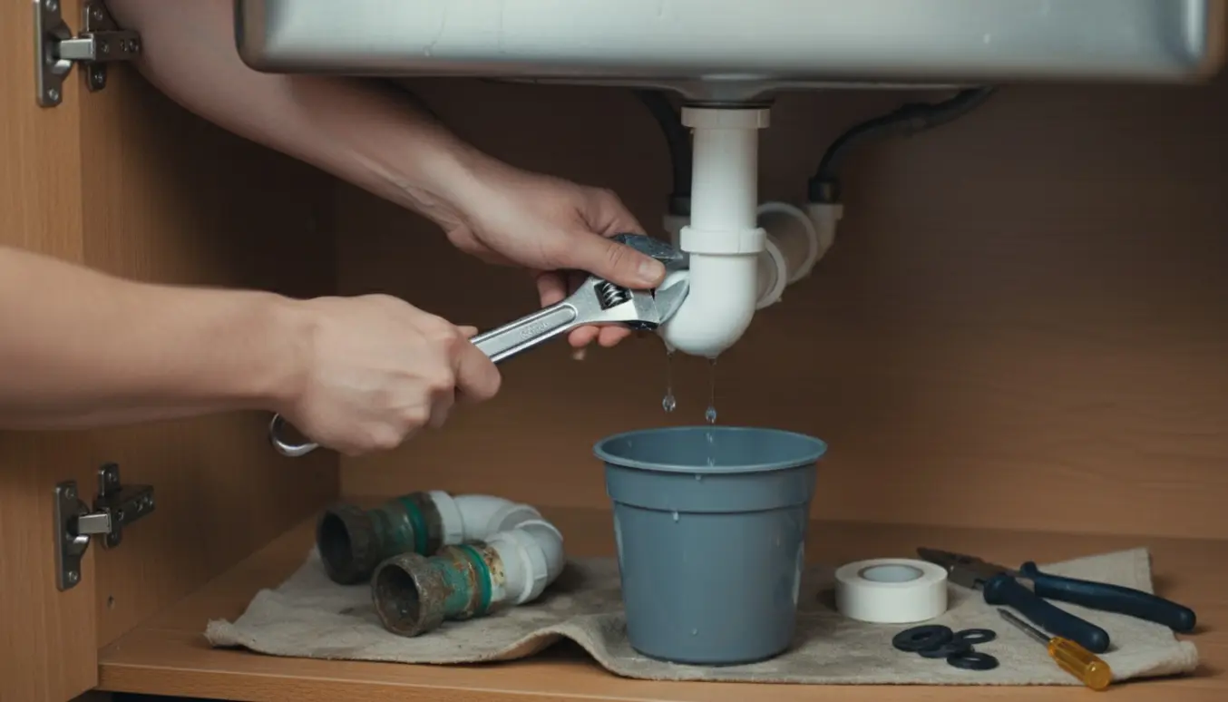 Nærbillede af hænder, der udskifter en vandlås under en køkkenvask med skruenøgle, spand og reservedele i et åbent underskab.