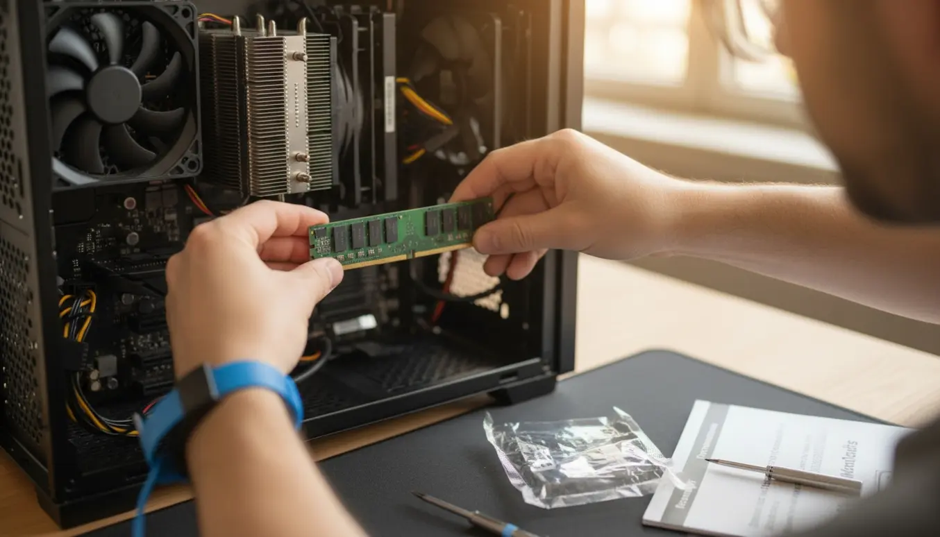 Nærbillede af hænder, der indsætter et RAM-modul i en åben stationær pc på et ryddeligt skrivebord.