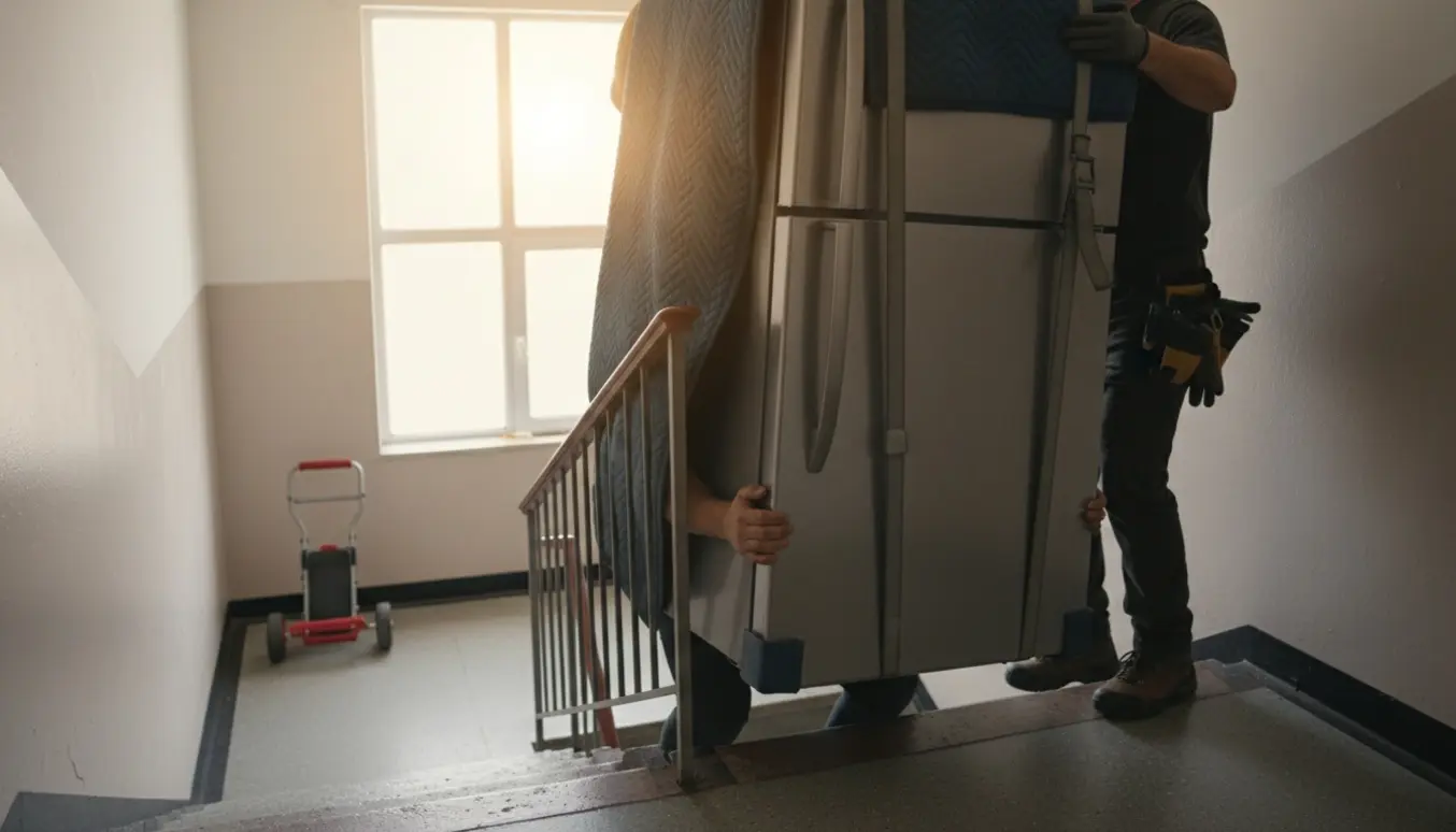 To flyttemænd bærer et stort køleskab op ad en smal trappe, pakket ind i flyttetæpper og fastgjort med løftestropper.