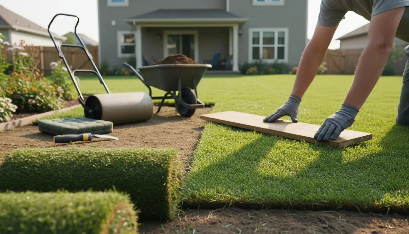 Frisk rullegræs lægges i en villahave med ruller, rulle og haveredskaber i naturligt lys.