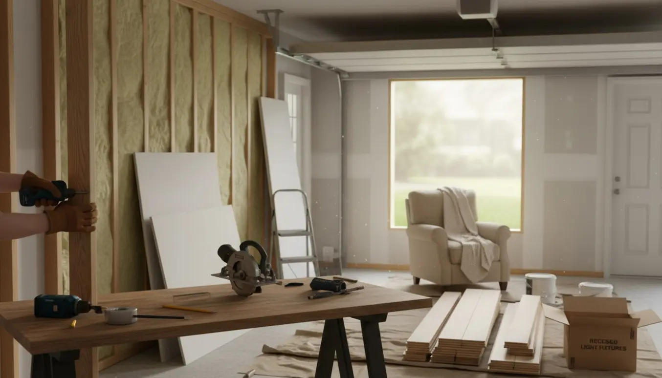 Interiør af garage under ombygning til beboelse med isolering, gipsplader, værktøj og naturligt lys.