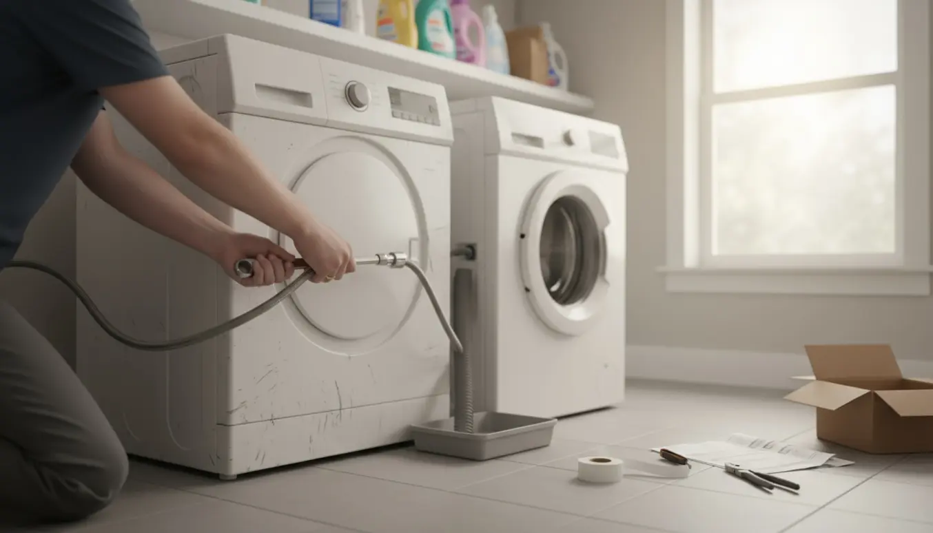 Hænder tilslutter vand- og afløbsslanger på en brugt vaskemaskine i et lyst bryggers.