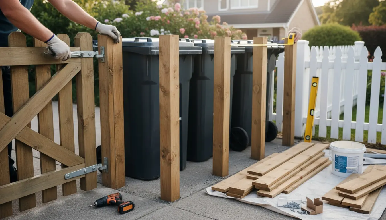 Reparation af indkørselslåge og opbygning af stakit omkring affaldscontainere med værktøj og materialer.