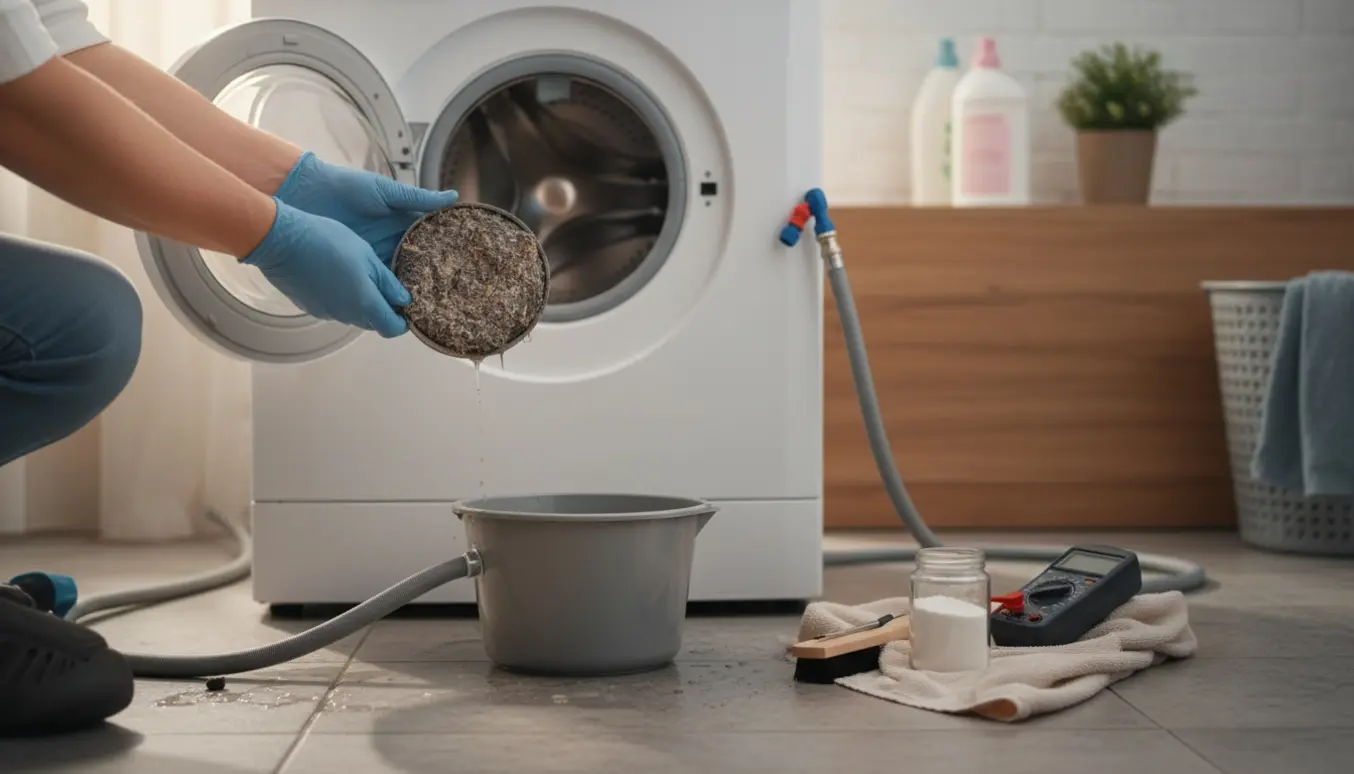 Åben vaskemaskine med fjernet, tilstoppet filter, afløbsslange og værktøj til fejlfinding.