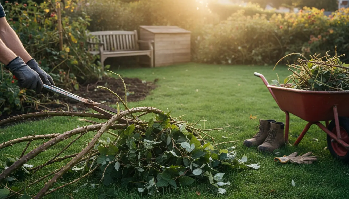 Hands rydder brombær og hindbær fra en overgroet græsplæne med beskæresakse og trillebør.