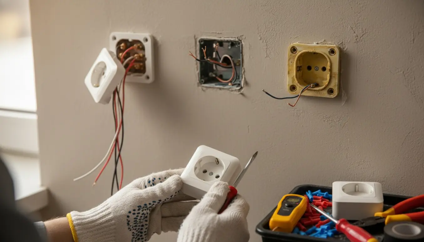 Nærbillede af hænder, der reparerer tre stikkontakter i en væg med værktøj og reservedele.