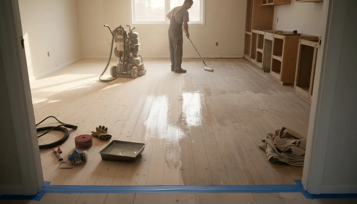 Tomt køkken med trægulv halvslibet og en lakrulle klar til påføring.