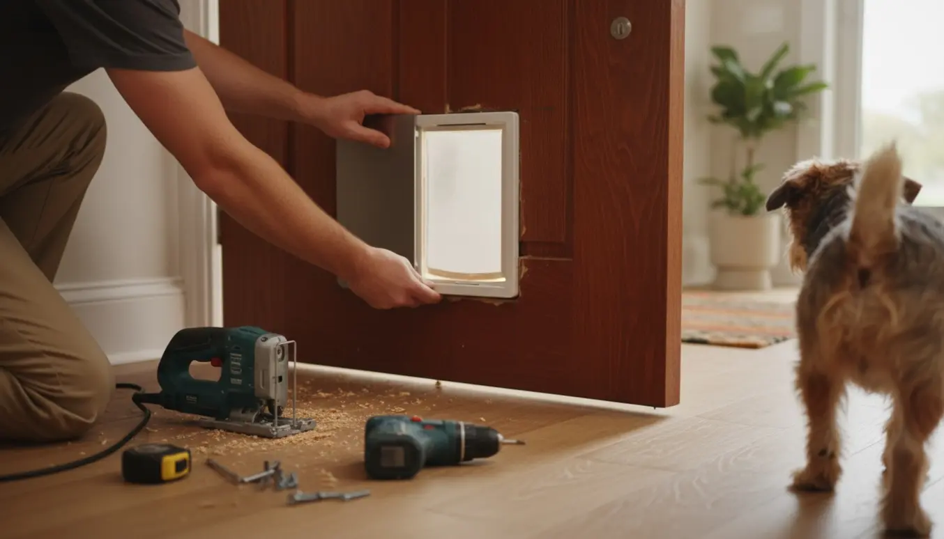 Nærbillede af montering af en lille hundelåge i en trædør med værktøj og træspåner.