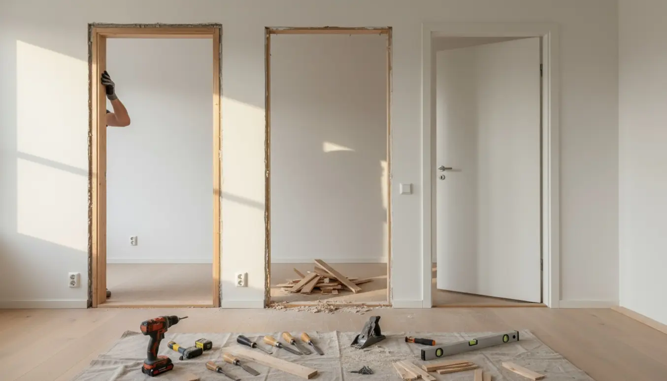 En håndværker monterer nye dørkarme og døre i en lys gang med værktøj og materialer lagt frem.