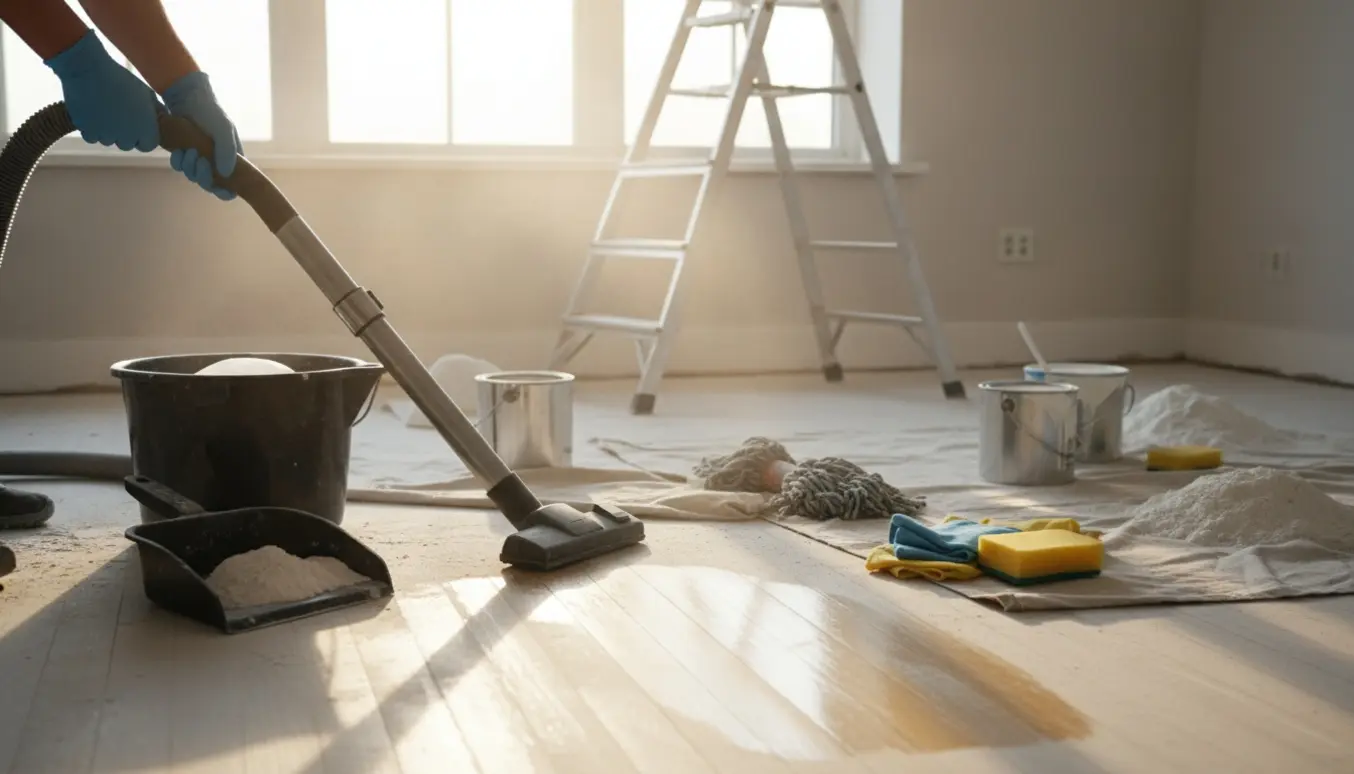 Hænder i gummihandsker støvsuger og vasker et delvist renoveret rum med byggestøv og rengøringsredskaber.