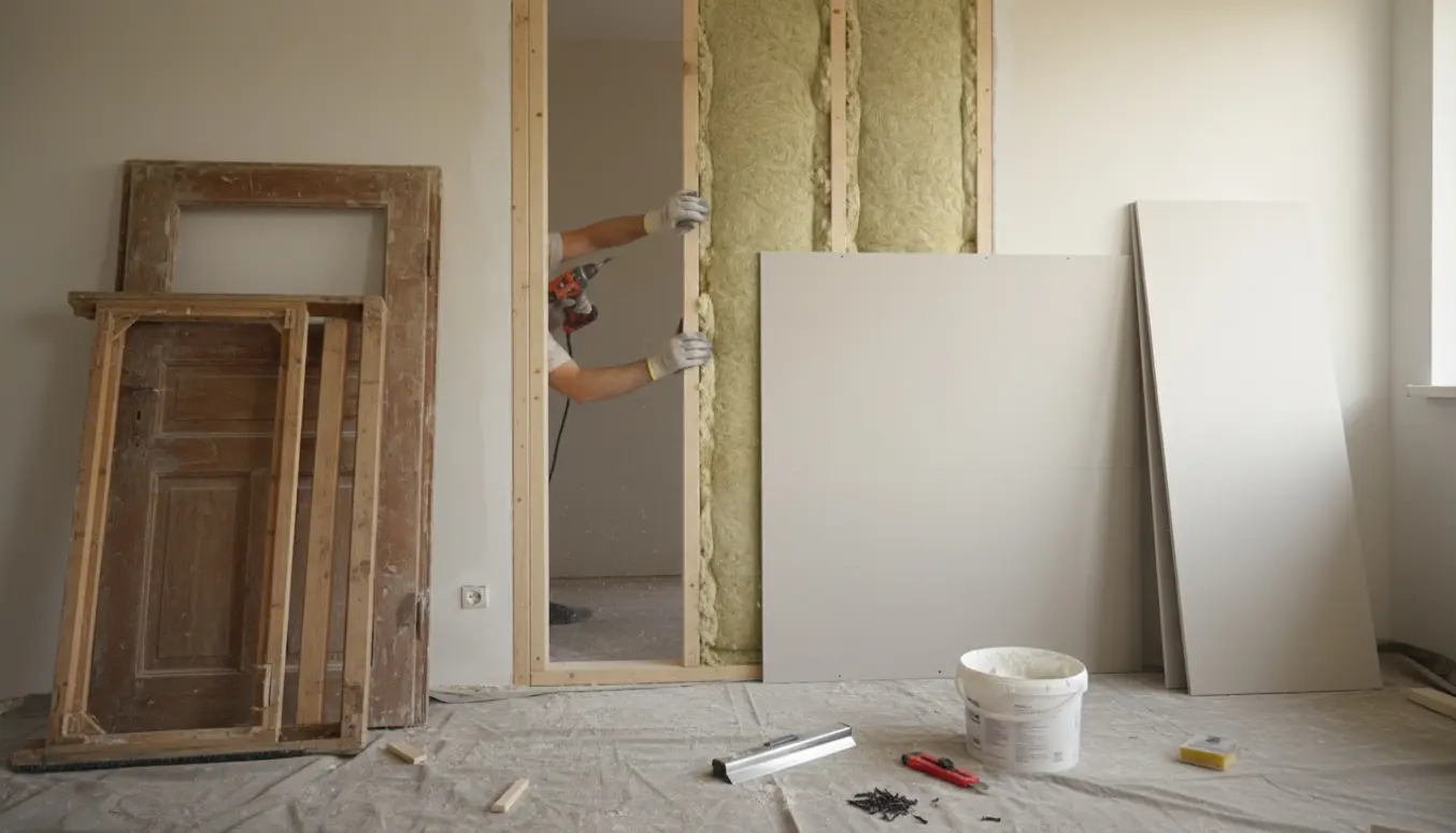 Håndværker fylder mineraluld i et nyt gips-skelet for at blænde en dør, klar til filt og maling.