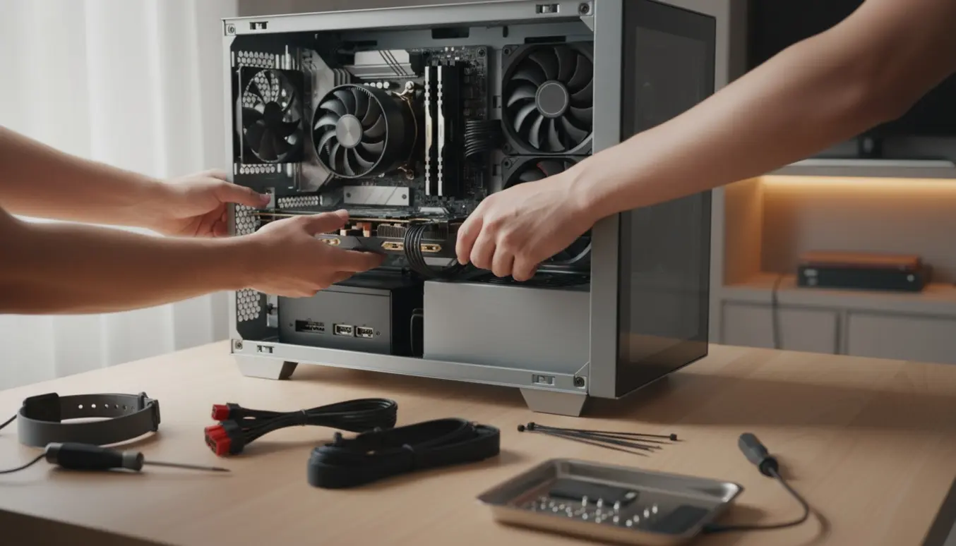 Hænder monterer strømforsyning og grafikkort i en åben gaming-pc på et skrivebord.