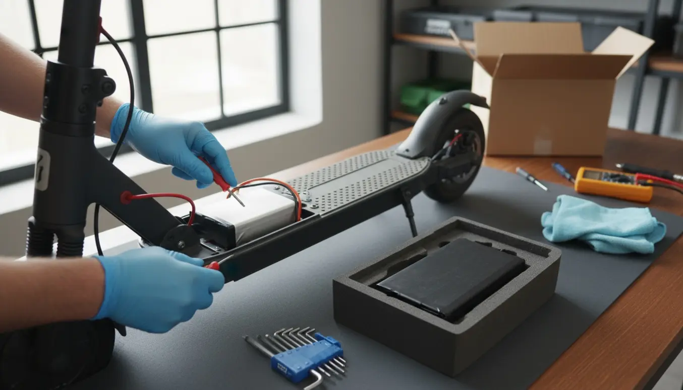 Udskiftning af batteri på et elektrisk løbehjul med hænder i handsker og nyt batteri på et rydeligt arbejdsbord.