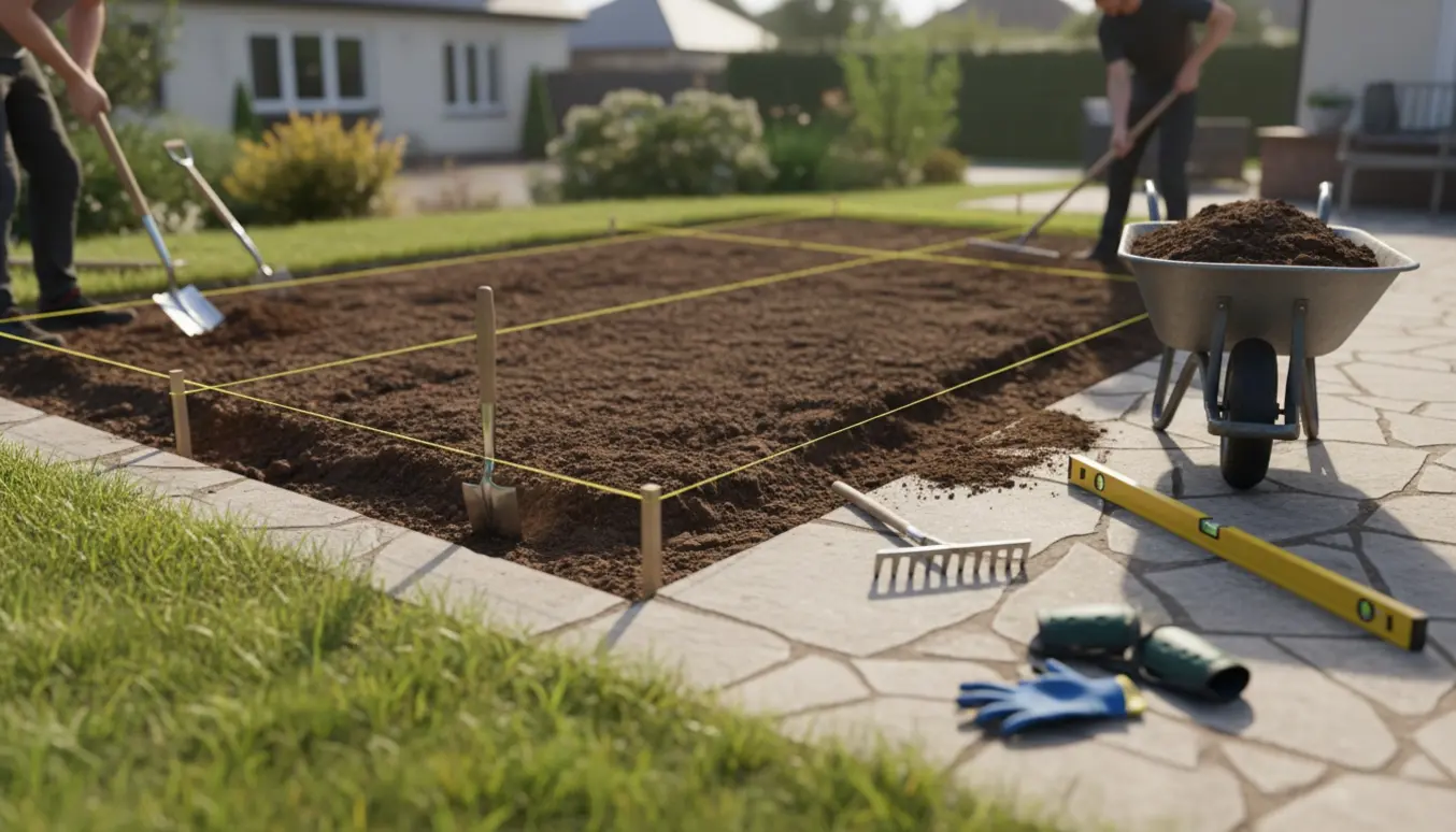 Udhugget jordfelt ved fliser med skovle, trillebør og snore, klar til at blive udjævnet.